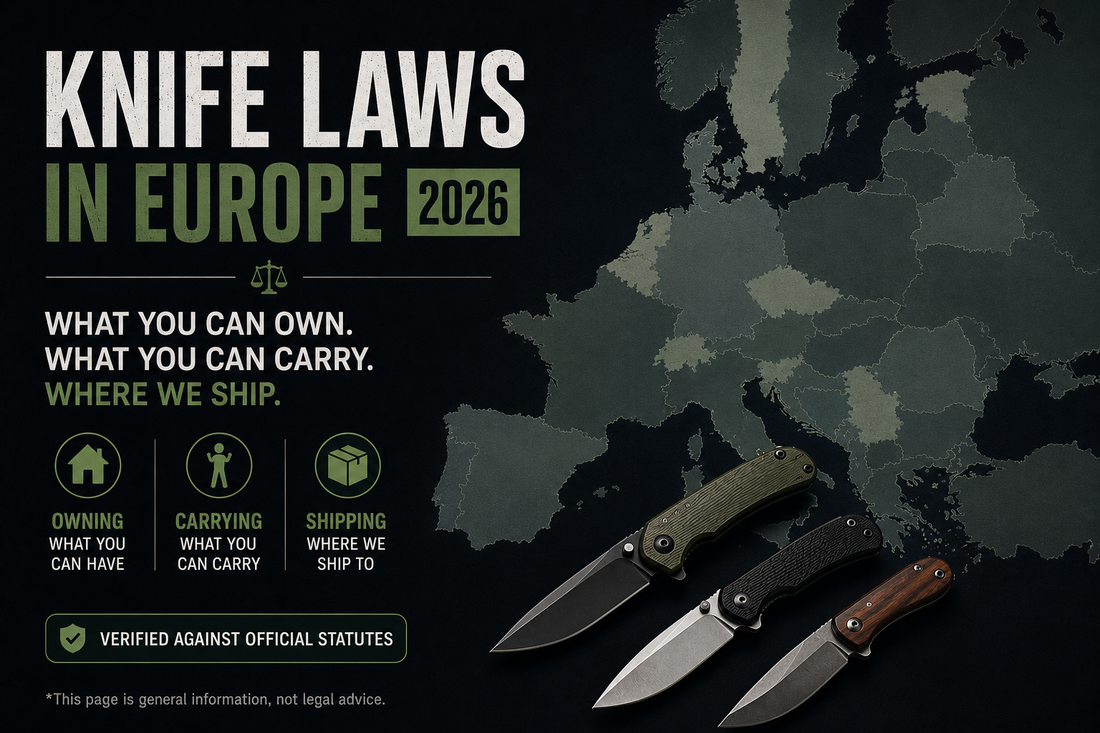 Europe knife laws 2026 infographic showing ownership, carrying and shipping rules across European countries.