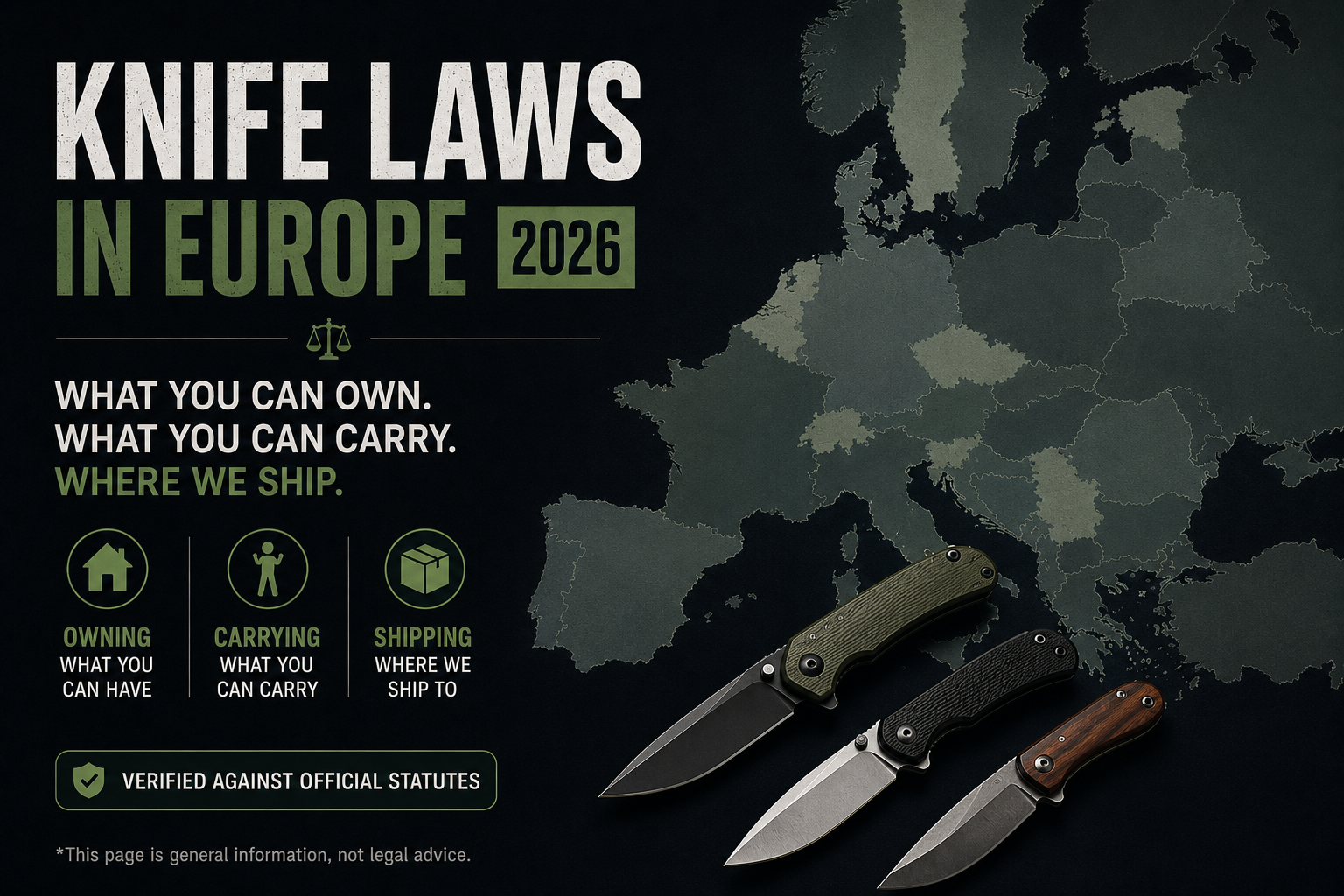 Europe knife laws 2026 infographic showing ownership, carrying and shipping rules across European countries.