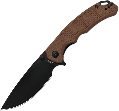 ATZ1702MBBN: Artisan Tradition V2 linerlock, brown G10 handle, 3.5" black PVD AR-RPM9 drop point blade