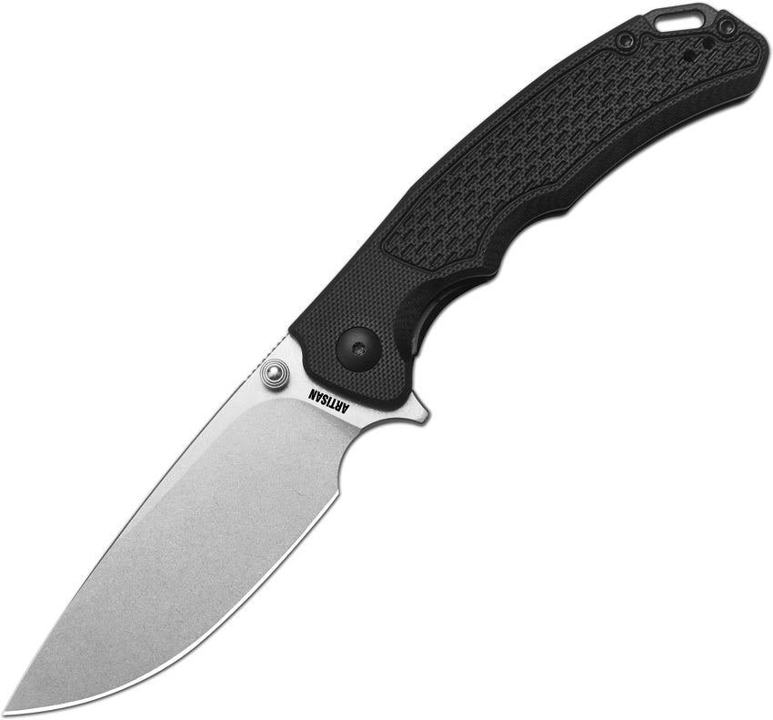 ATZ1702MBK: Artisan Tradition V2 linerlock, black G10 handle, 3.5" stonewash AR-RPM9 drop point blade