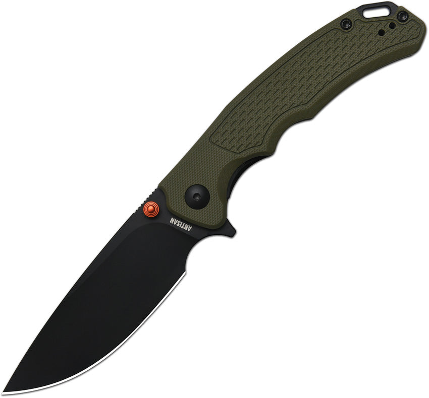 ATZ1702MGN: Artisan Tradition V2 linerlock, green G10 handle, 3.5" black PVD AR-RPM9 drop point blade