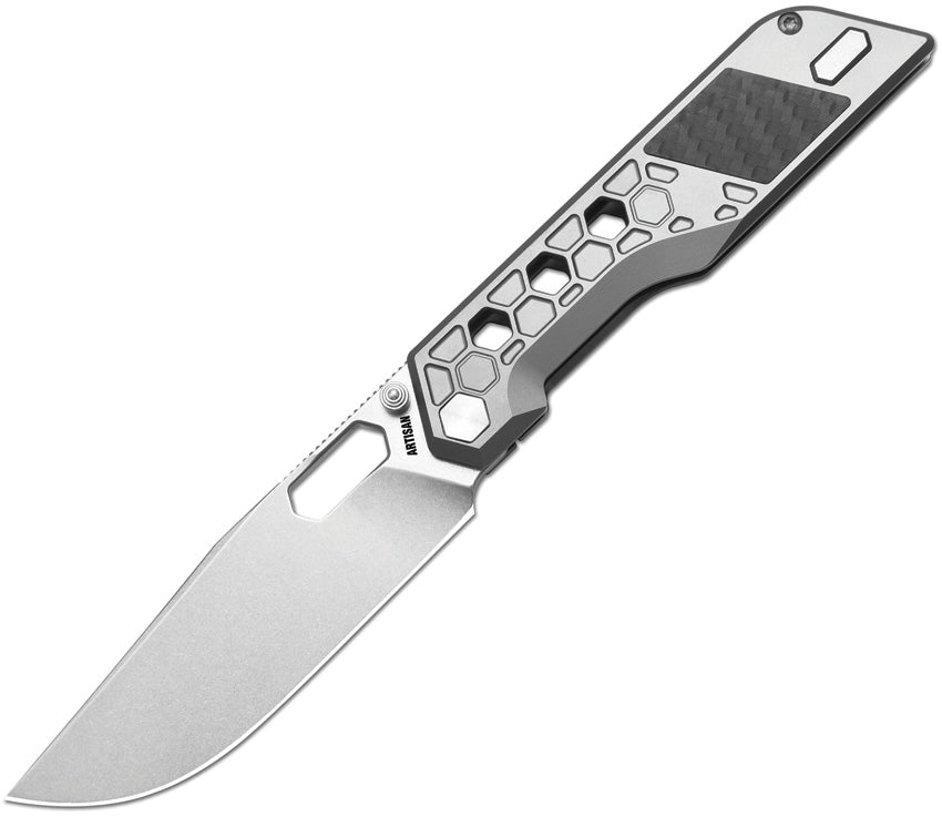 ATZ1878GGY: Artisan Beest framelock, gray titanium handle with carbon fiber inlay, 3.63" stonewash S35VN drop point blade