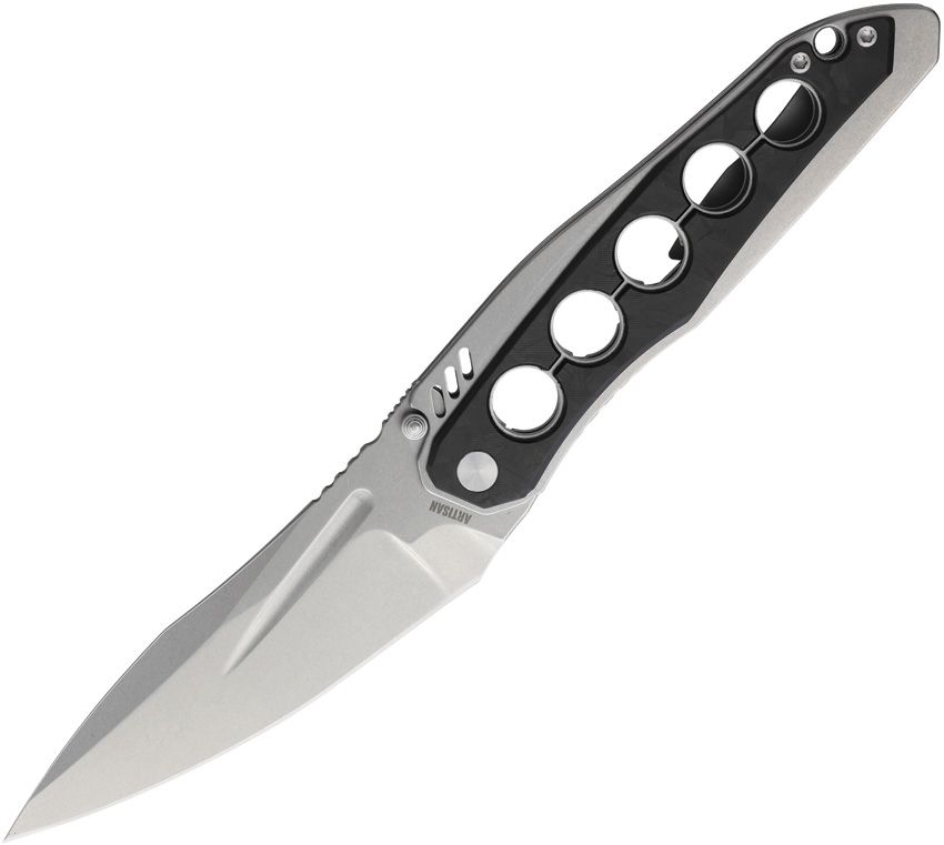 Artisan Sudden linerlock folding knife with stonewash S35VN blade and stainless handle with carbon fiber inlay (ATZ1890GCF)