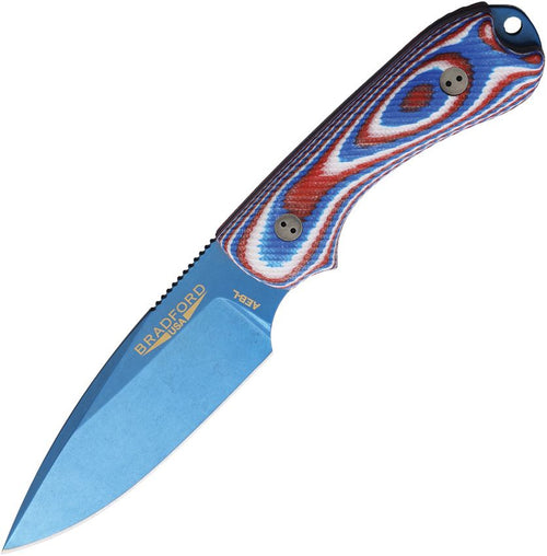 BRAD3FE125PA: Bradford Guardian 3 fixed blade, red white and blue G10 handle, 3.5" blue PVD AEB-L drop point blade