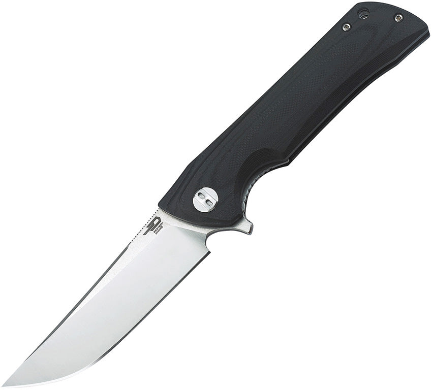 Bestech Knives Paladin Linerlock with satin blade and black handle displayed at angle.