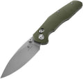 Bestech Knives Ronan B-Lock OD green handle satin blade folding knife angled view.