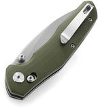 Bestech Knives Ronan B-Lock OD green handle folding knife with satin blade, angled view.