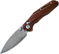 Bestech Knives Ronan B-Lock Damascus folding knife with wavy patterned blade and brown wood handle.