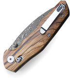 Bestech Knives Ronan Damascus blade with olive wood handle, displayed closed at angle.