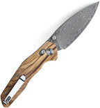 Bestech Knives Ronan B-Lock Damascus olive wood handle knife with damascus patterned blade, angled view.