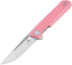Bestech Knives Mini Dundee Linerlock pink handle with satin blade, angled view.