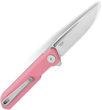 Bestech Knives Mini Dundee Linerlock with satin finish blade and pink handle, displayed at angle.