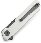 Bestech Knives Mini Dundee Linerlock white handle with black coated blade, angled view.