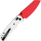 Bestech Knives Cicada's Wing B-Lock white handle with red blade, angled view.
