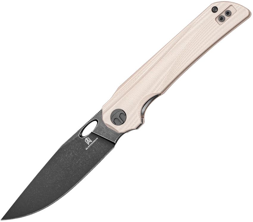 Bestech Smuga linerlock folding knife with black stonewash AEB-L clip point blade and champagne G10 handle (BTKMK22F)