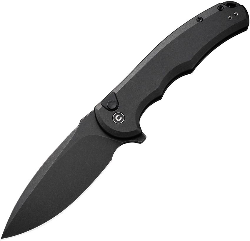CIVC18026E1: Civivi Praxis button lock, black aluminum handle, 3.75" black stonewash Nitro V drop point blade
