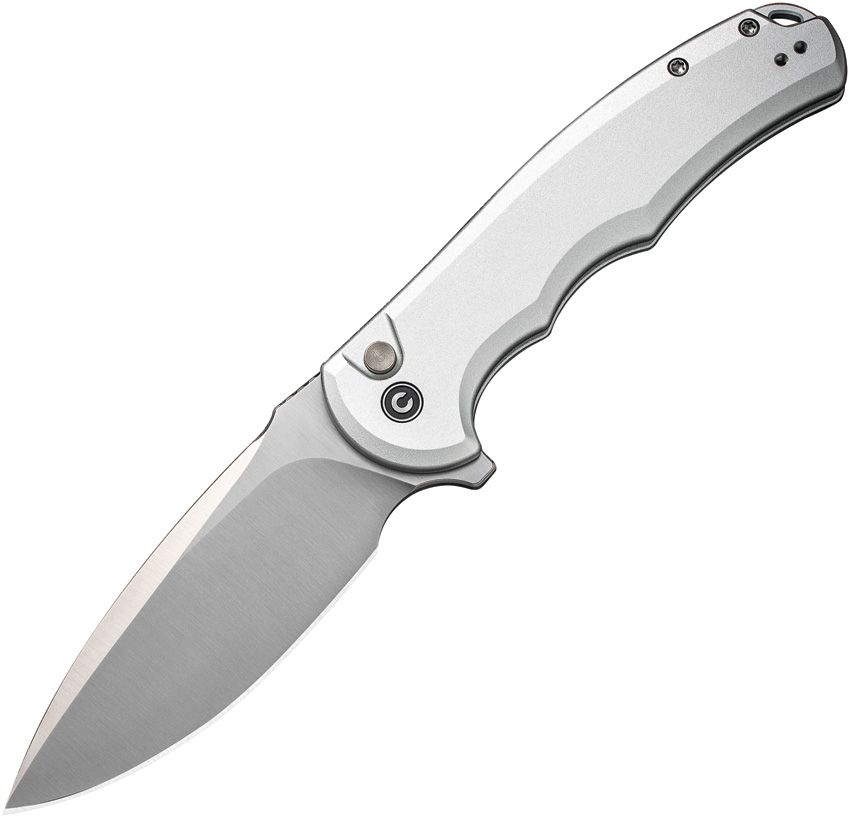 CIVC18026E2: Civivi Praxis button lock, silver aluminum handle, 3.75" satin Nitro V drop point blade