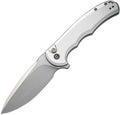 CIVC18026E2: Civivi Praxis button lock, silver aluminum handle, 3.75" satin Nitro V drop point blade