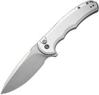 CIVC18026E2: Civivi Praxis button lock, silver aluminum handle, 3.75" satin Nitro V drop point blade