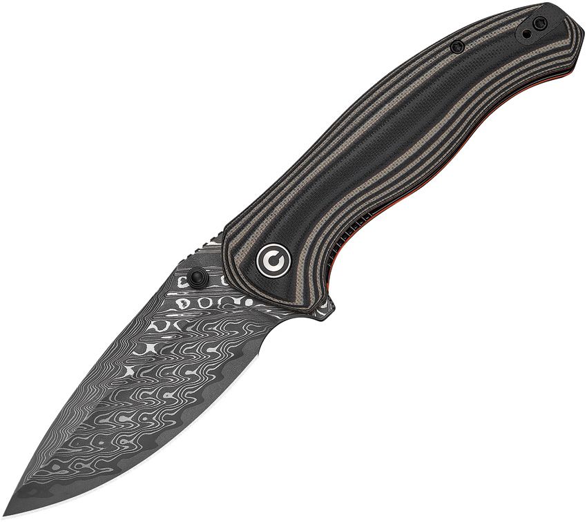 CIVC25037BDS1: Civivi Vyrent linerlock, black and tan G10 handle, 3.5" Damascus drop point blade