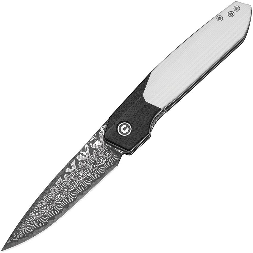 Civivi Brr15 Light linerlock folding knife with Damascus drop point blade and black and white G10 handle (CIVC25063DS1)