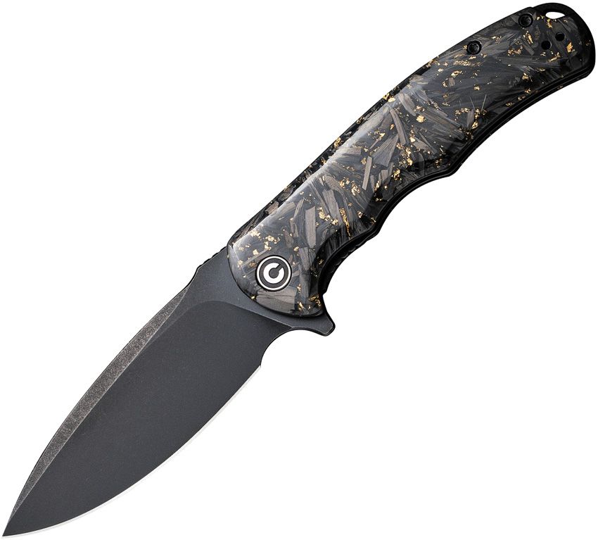 CIVC803J: Civivi Praxis linerlock, shredded carbon fiber and golden shred resin handle, 3.75" black stonewash 9Cr18MoV blade