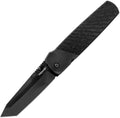 Cold Steel Hatamoto Linerlock black coated blade with textured black handle, angled view.
