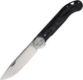 Daggerr Knives Peremen Mys Linerlock black handle with satin blade, angled view.
