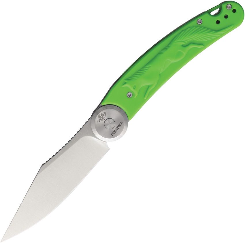 DGR2404GRST: Daggerr Lisichka gimbal lock, green sculpted FRN handle, 3.88" satin 8Cr13MoV clip point blade