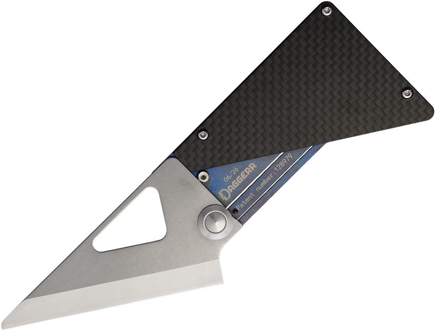 DGRCRDKNF: Daggerr CardKnife framelock, blue titanium and carbon fiber handle, 3.27" 8Cr13MoV blade