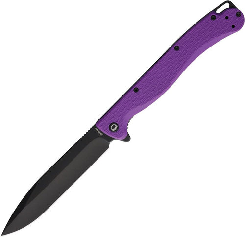 DGRFKFPRBW: Daggerr Finka linerlock, purple textured FRN handle, 5" black stonewash 8Cr13MoV spear point blade