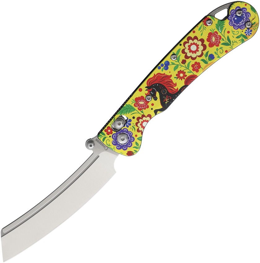 Daggerr Behemoth Slim crossbar lock folding knife with satin VG-10 curved blade and Gorodets art FRN handle (DGRFM024SGRD)