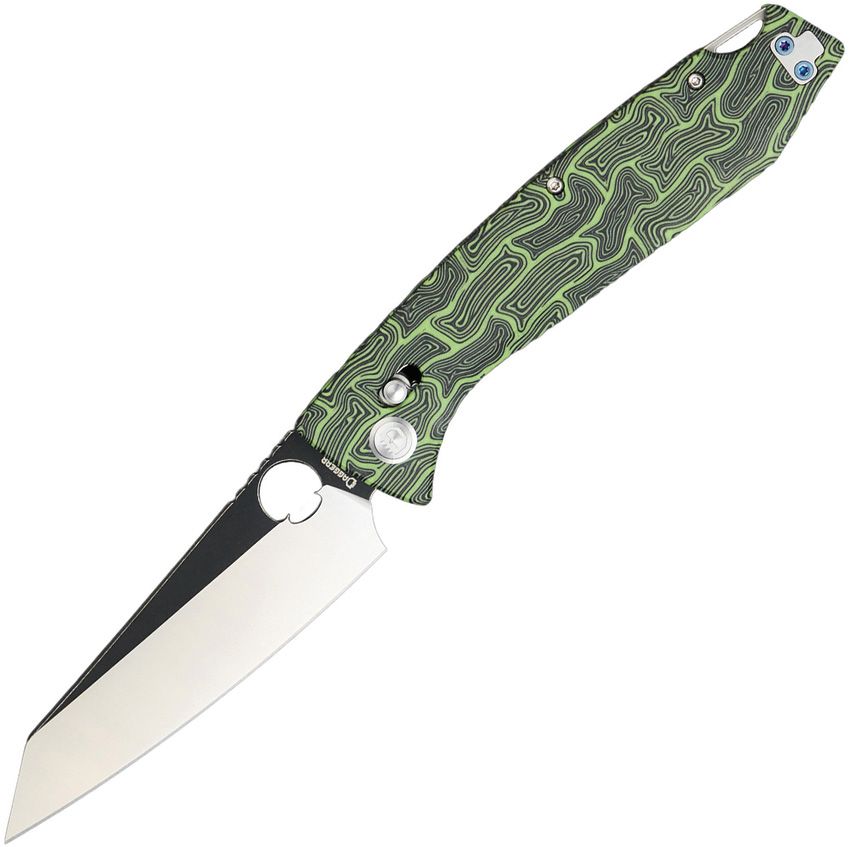 DGRFM81DGRBW: Daggerr Alligator DH crossbar lock, black and green G-Mascus G10 handle, 4.25" two-tone MagnaCut reverse tanto blade