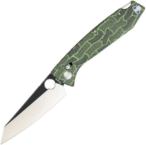 DGRFM81DGRBW: Daggerr Alligator DH crossbar lock, black and green G-Mascus G10 handle, 4.25" two-tone MagnaCut reverse tanto blade