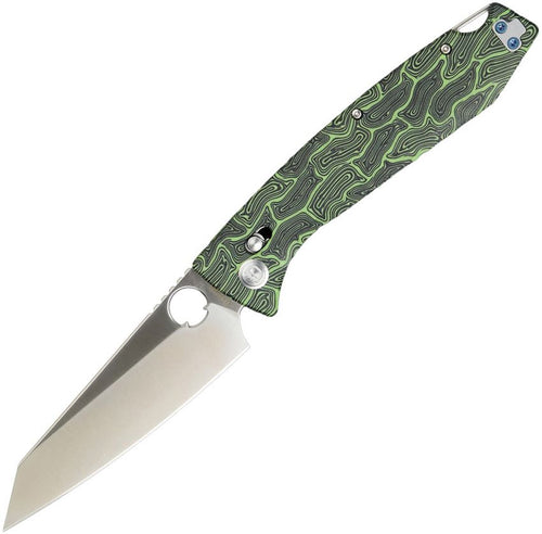 DGRFM81DGRS: Daggerr Alligator DH crossbar lock, black and green G-Mascus G10 handle, 4.25" satin MagnaCut reverse tanto blade