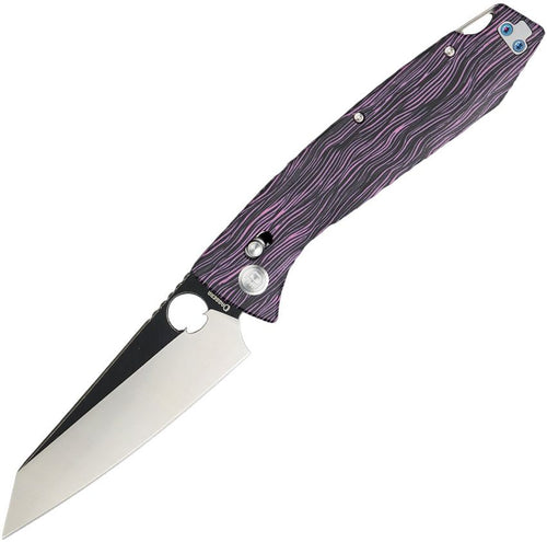 DGRFM81DPRBW: Daggerr Alligator DH crossbar lock, black and purple G-Mascus G10 handle, 4.25" two-tone MagnaCut reverse tanto blade