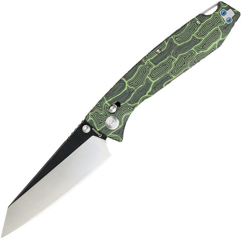 DGRFM81TGRBW: Daggerr Alligator crossbar lock, black and green G-Mascus G10 handle, 4.25" two-tone MagnaCut reverse tanto blade