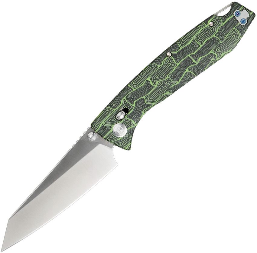DGRFM81TGRS: Daggerr Alligator crossbar lock, black and green G-Mascus G10 handle, 4.25" satin MagnaCut reverse tanto blade