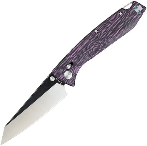 DGRFM81TPRBW: Daggerr Alligator crossbar lock, black and purple G-Mascus G10 handle, 4.25" two-tone MagnaCut reverse tanto blade