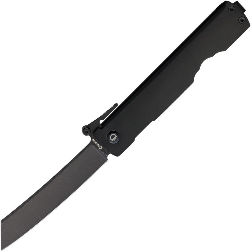 DGRHGBKBW: Daggerr Higonokami framelock, black steel handle, 3.5" black stonewash VG-10 reverse tanto blade