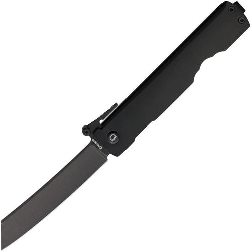 DGRHGBKBW: Daggerr Higonokami framelock, black steel handle, 3.5" black stonewash VG-10 reverse tanto blade