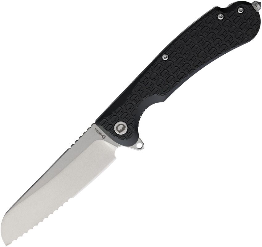 DGRSEBKRSWS: Daggerr Smoke Eater DL linerlock, black textured FRN handle, 3.5" partially serrated 8Cr14MoV sheepsfoot blade