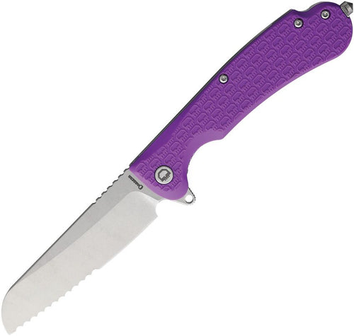 DGRSEFPRSWS: Daggerr Smoke Eater DL linerlock, purple textured FRN handle, 3.5" partially serrated 8Cr14MoV sheepsfoot blade