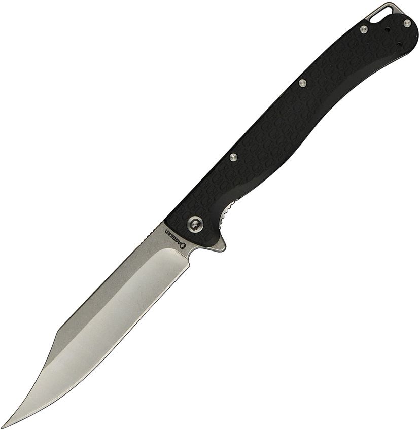 DGRTPFBKSW: Daggerr Toothpick linerlock, black textured ABS handle, 4.88" stonewash 8Cr14MoV clip point blade