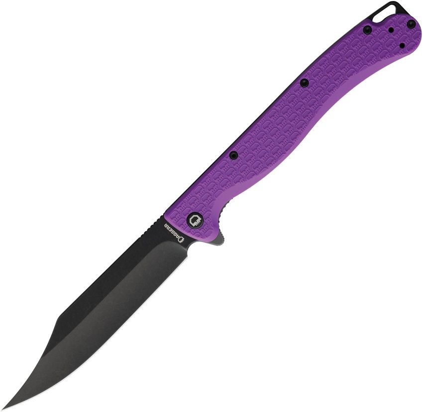 DGRTPFPRBW: Daggerr Toothpick linerlock, purple textured FRN handle, 4.88" black stonewash 8Cr14MoV clip point blade