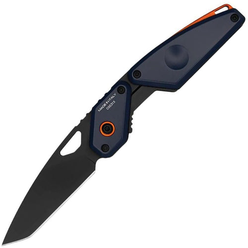 EX0180C3A10: Extrema Ratio Aero linerlock, blue handle with orange accents, 2.75" black tanto blade