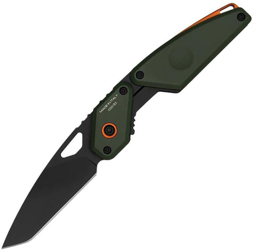EX0180C8A10: Extrema Ratio Aero linerlock, forest green handle with orange accents, 2.75" black tanto blade