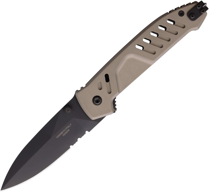EX0233BLKTM: Extrema Ratio MF1 EVO D linerlock, tactical mud aluminum handle, 3.75" burnished partially serrated N690 spear point blade