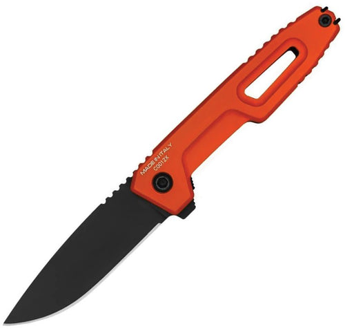 EX0246NITBLKC4: Extrema Ratio Satre F linerlock, orange aluminum handle, 3" black nitrogen steel drop point blade