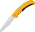 Gerber E-Z Out Rescue folding knife with yellow textured handle and serrated satin blade.